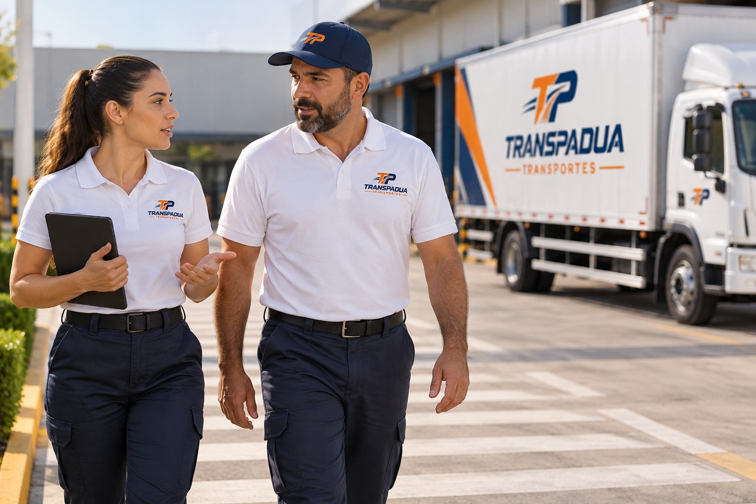 Equipe da Trans Padua Transportes no pátio logístico, ao lado de um caminhão da frota
